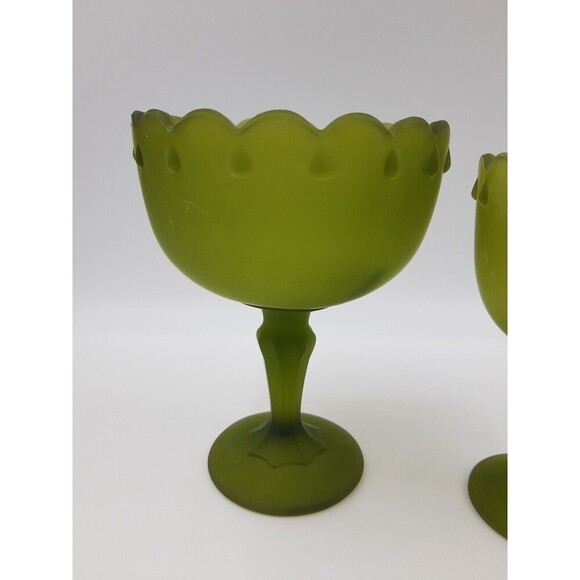Vintage Satin Frosted Green Teardrop Pedestal Candy Dish Compote & Goblet set 2 - Picture 3 of 10